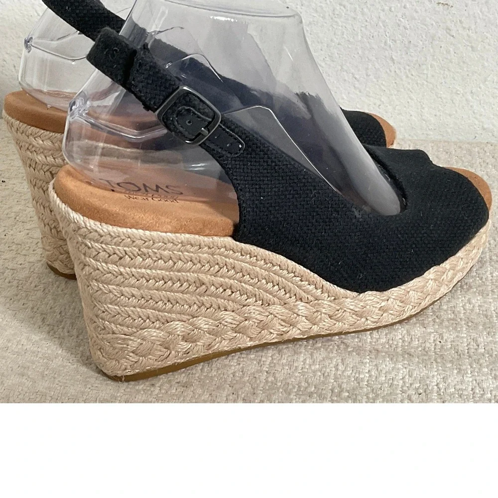 TOMS Black Canvas Peep Toe Espadrille Wedge Slingback Sandals 10022387 Womens 8 - Picture 14 of 14